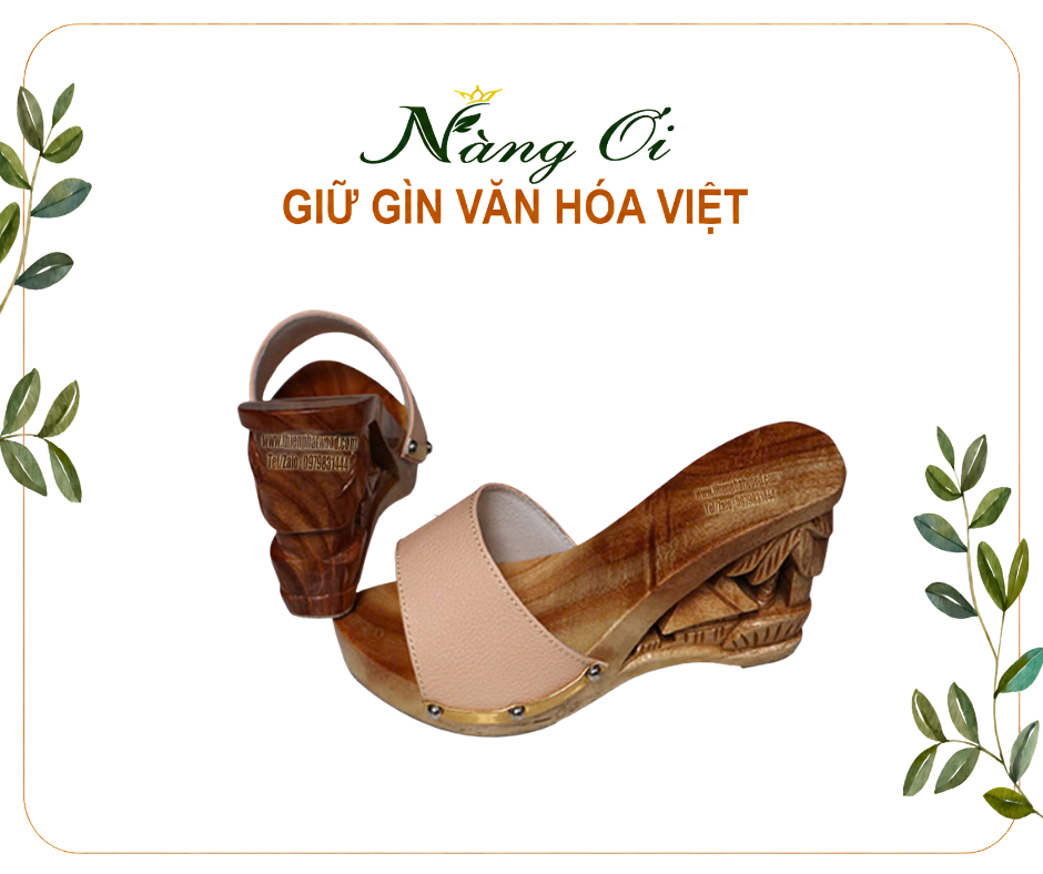 guốc mộc làm từ gỗ xoan tự nhiên cao 10cm quai da thật